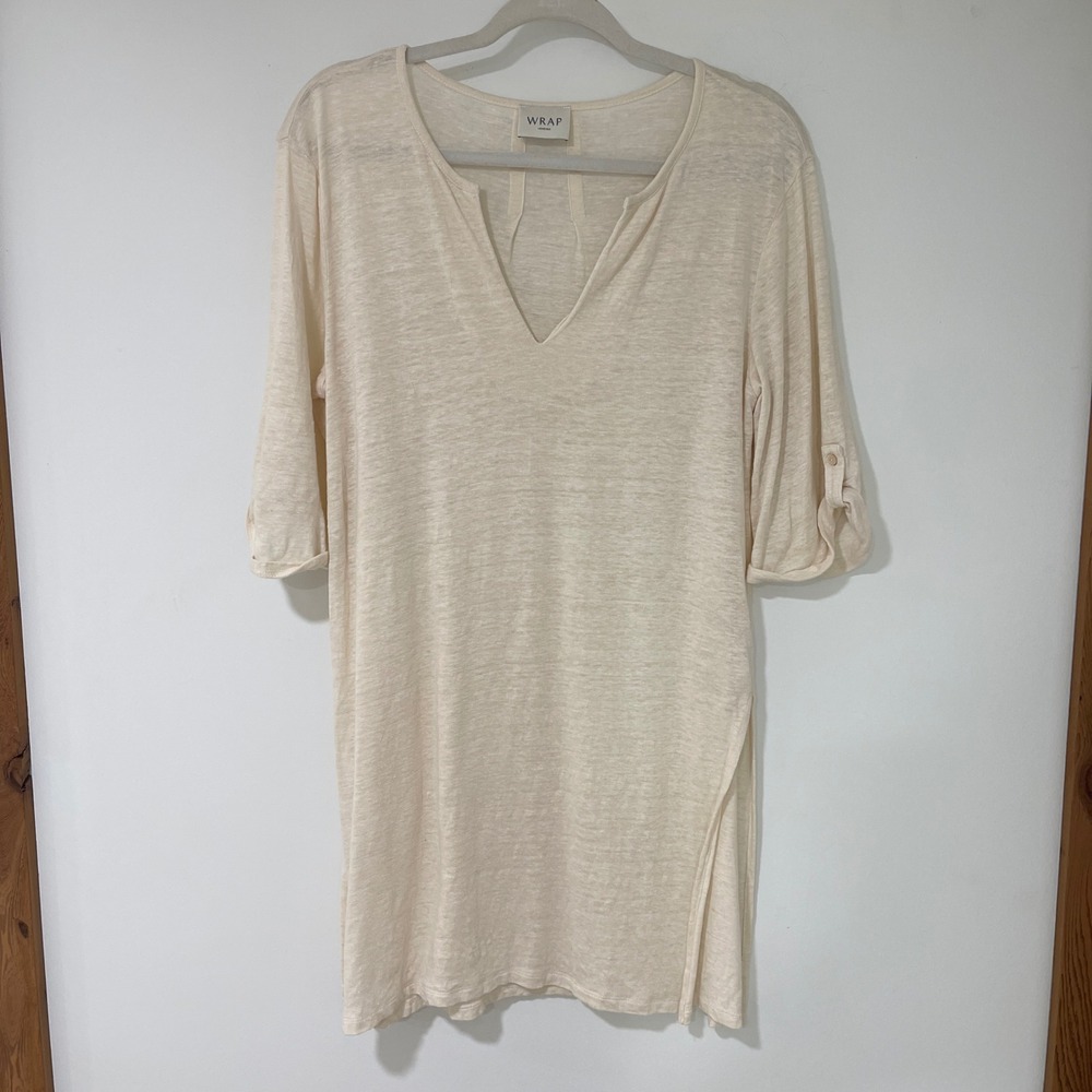 Wrap London Tunic Top Womens 6 Cream 100% Linen Roll Tab Slit V-Neck Lagenlook